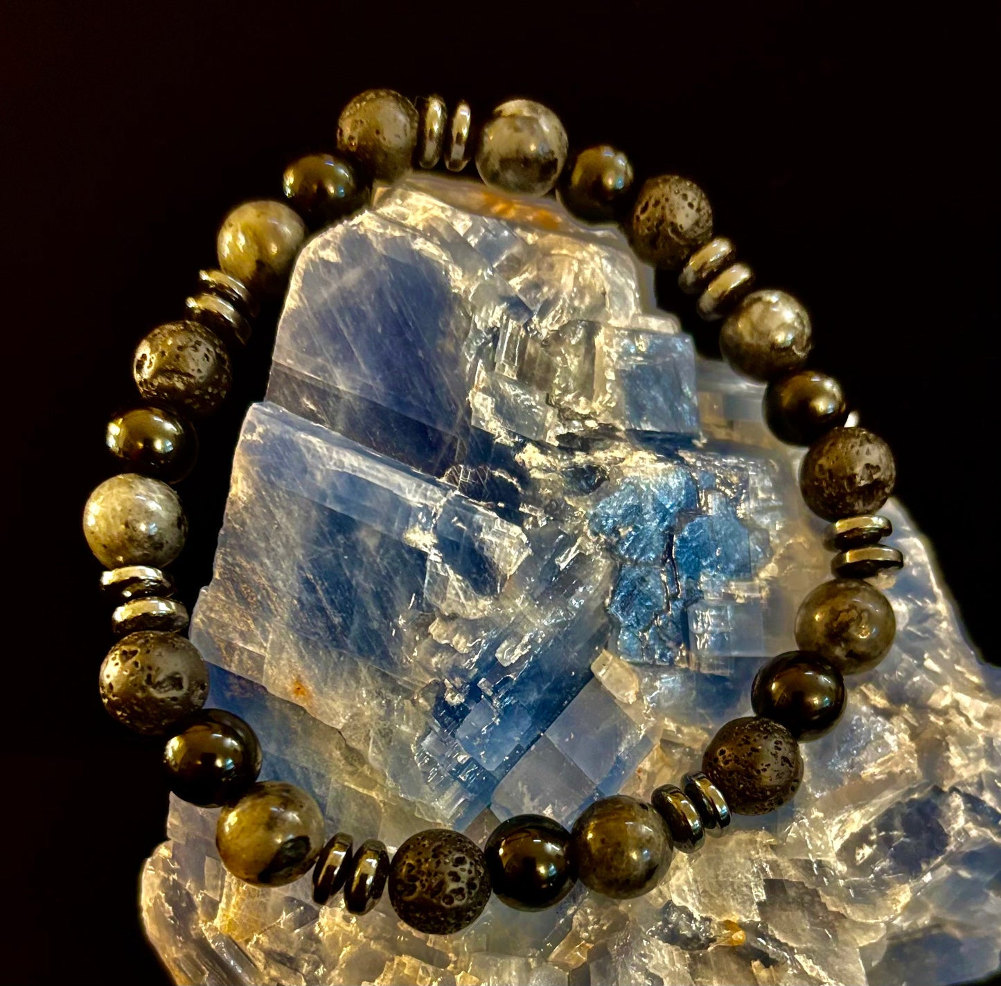 Men's Mystic Warrior Bracelet – Labradorite, Black Onyx & Lava Rock with Black Metal Spacers (Fits Large Wrists)