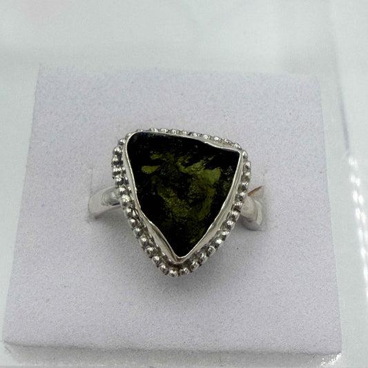 Sterling Silver Bezeled Moldavite Ring - Size 7 - Transformation, Growth & Awakening