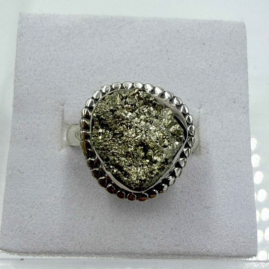 Sterling Silver Bezeled Rough Pyrite Ring - Size 7 - Protective, Abundant & Grounding
