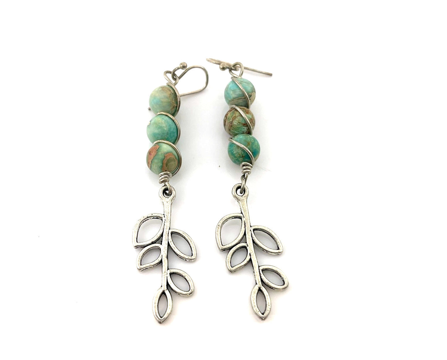 Aqua Terra Jasper & Pewter Tree Earrings – 3 Inch Statement Drops – Sterling Silver Earwires – Handmade in Raleigh NC