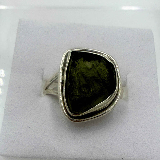 Sterling Silver Split Banded Moldavite Ring - Size 7 - Transformation, Growth & Awakening