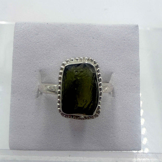 Sterling Silver Bezeled Moldavite Ring - Size 7 - Transformation, Growth & Awakening