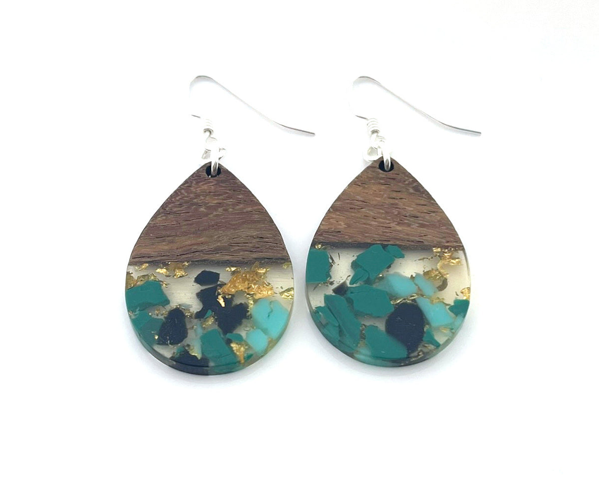 Upcycled Wood & Resin Teardrop Earrings - Sterling Silver