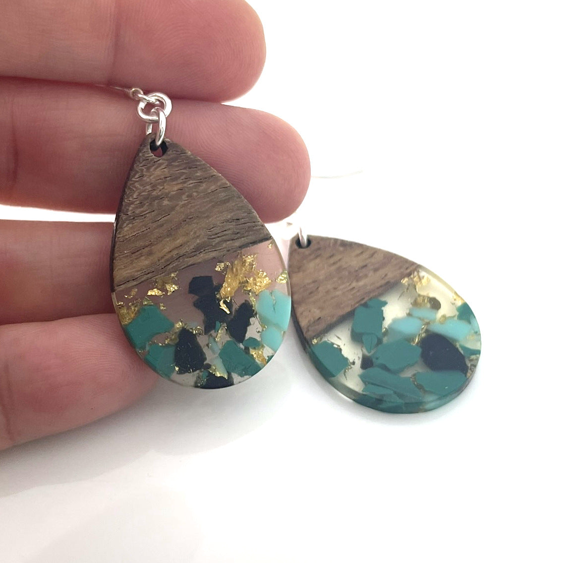 Upcycled Wood & Resin Teardrop Earrings - Sterling Silver