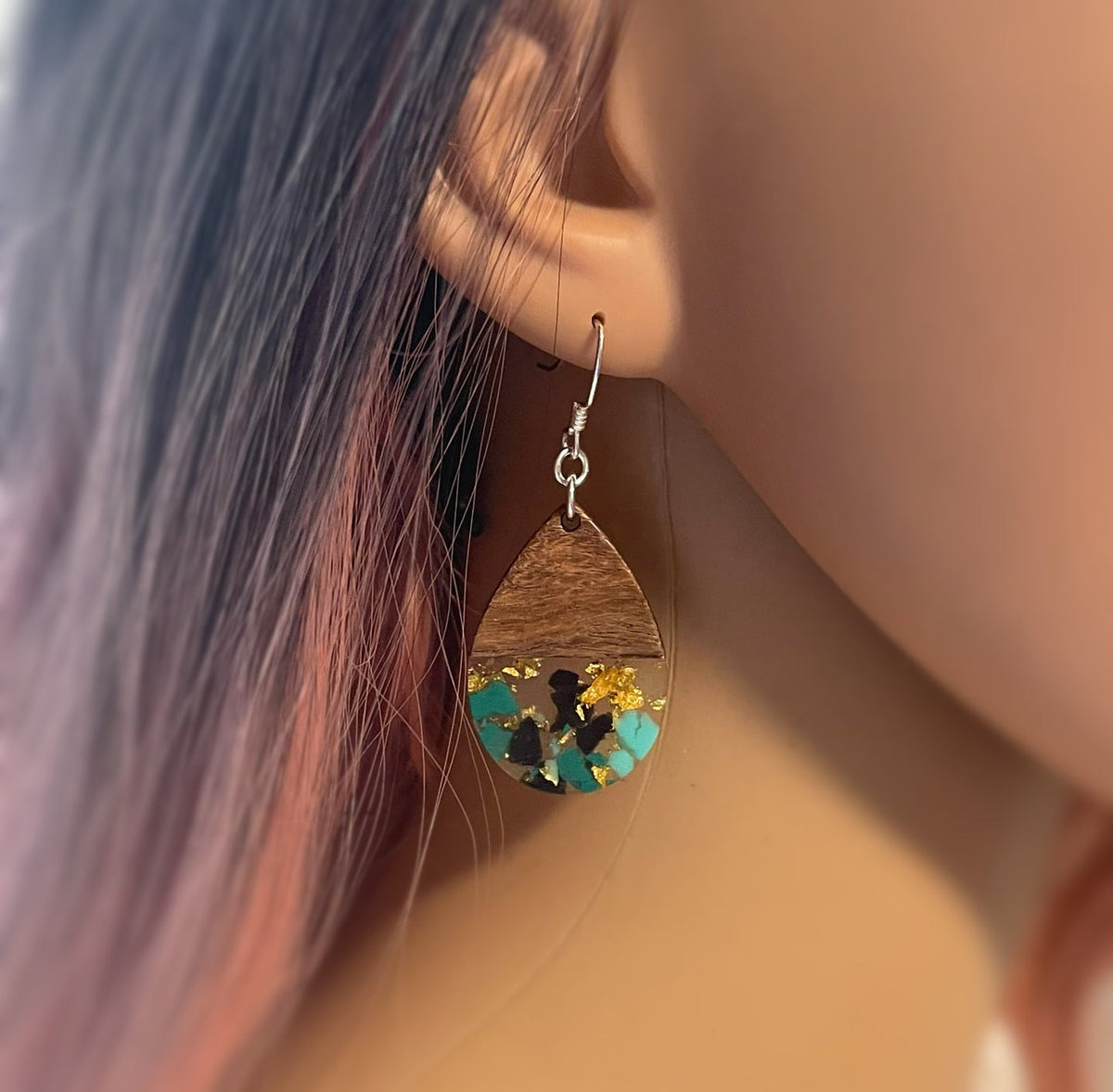 Upcycled Wood & Resin Teardrop Earrings - Sterling Silver
