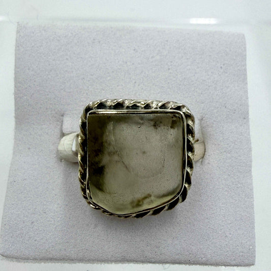 Sterling Silver Chain Bezeled Libyan Desert Glass Ring - Size 8 - Cosmic, Illuminating & Transformative