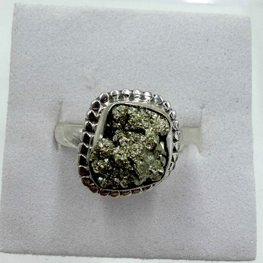 Sterling Silver Bezeled Rough Pyrite Ring - Size 6 - Protective, Abundant & Grounding