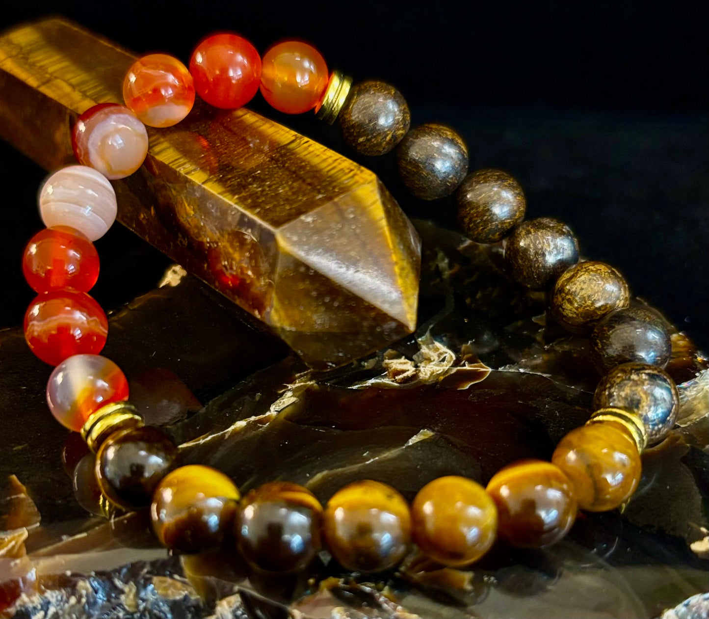 Depression Support Intention Bracelet – Yellow Tiger Eye, Banded Carnelian & Bronzite | 8mm Gemstones