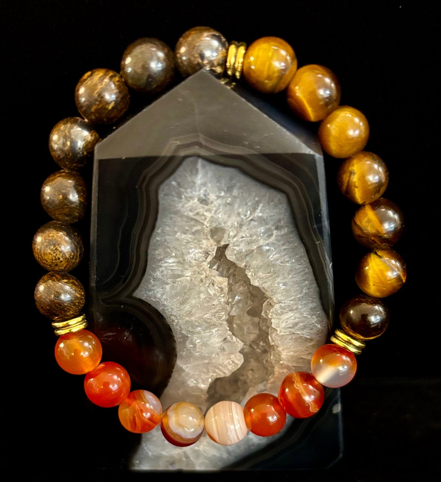 Depression Support Intention Bracelet – Yellow Tiger Eye, Banded Carnelian & Bronzite | 8mm Gemstones