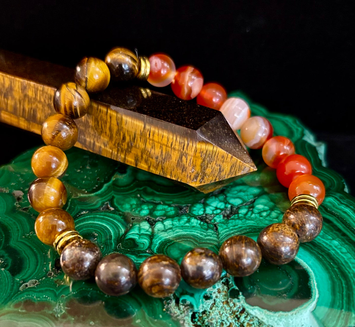 Depression Support Intention Bracelet – Yellow Tiger Eye, Banded Carnelian & Bronzite | 8mm Gemstones