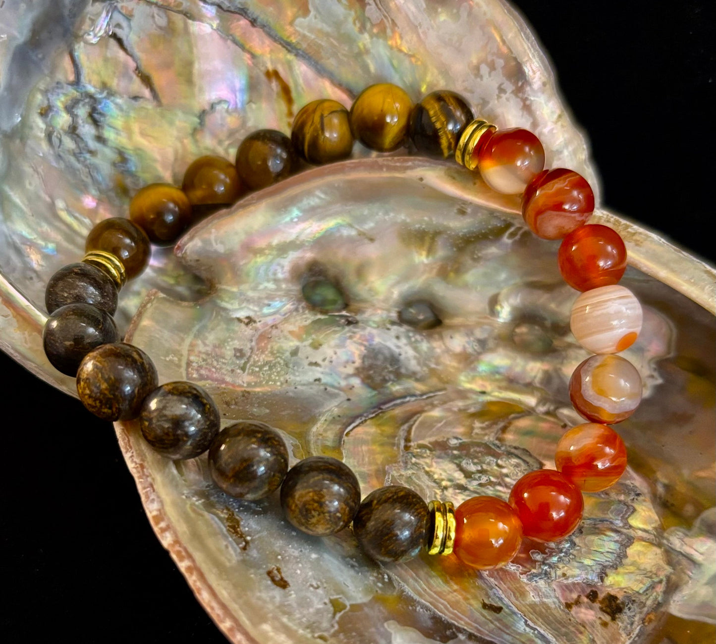 Depression Support Intention Bracelet – Yellow Tiger Eye, Banded Carnelian & Bronzite | 8mm Gemstones