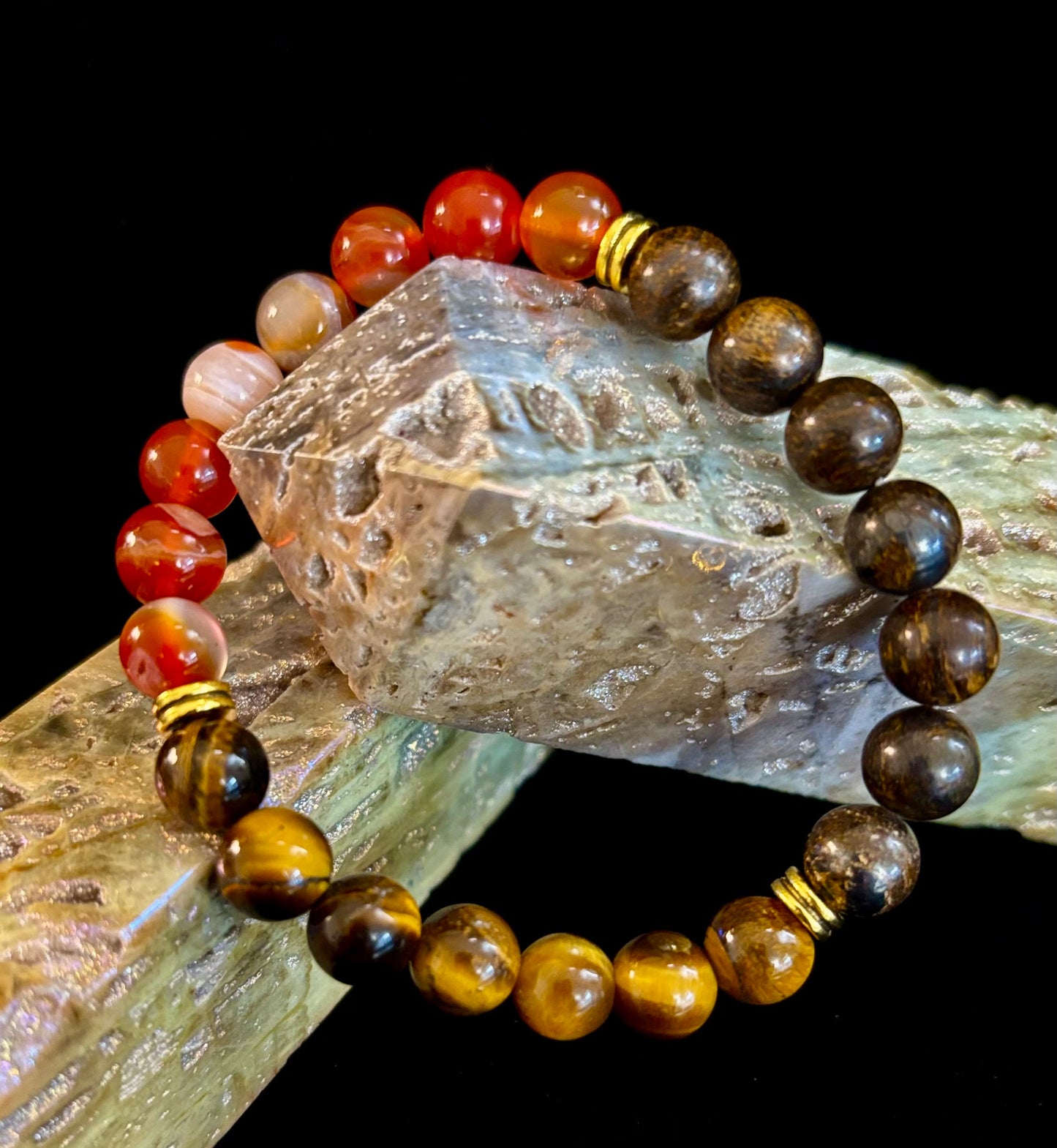 Depression Support Intention Bracelet – Yellow Tiger Eye, Banded Carnelian & Bronzite | 8mm Gemstones
