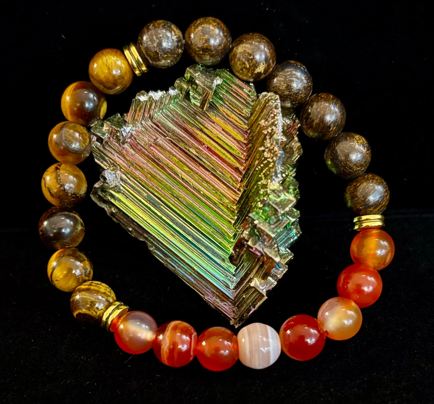 Depression Support Intention Bracelet – Yellow Tiger Eye, Banded Carnelian & Bronzite | 8mm Gemstones
