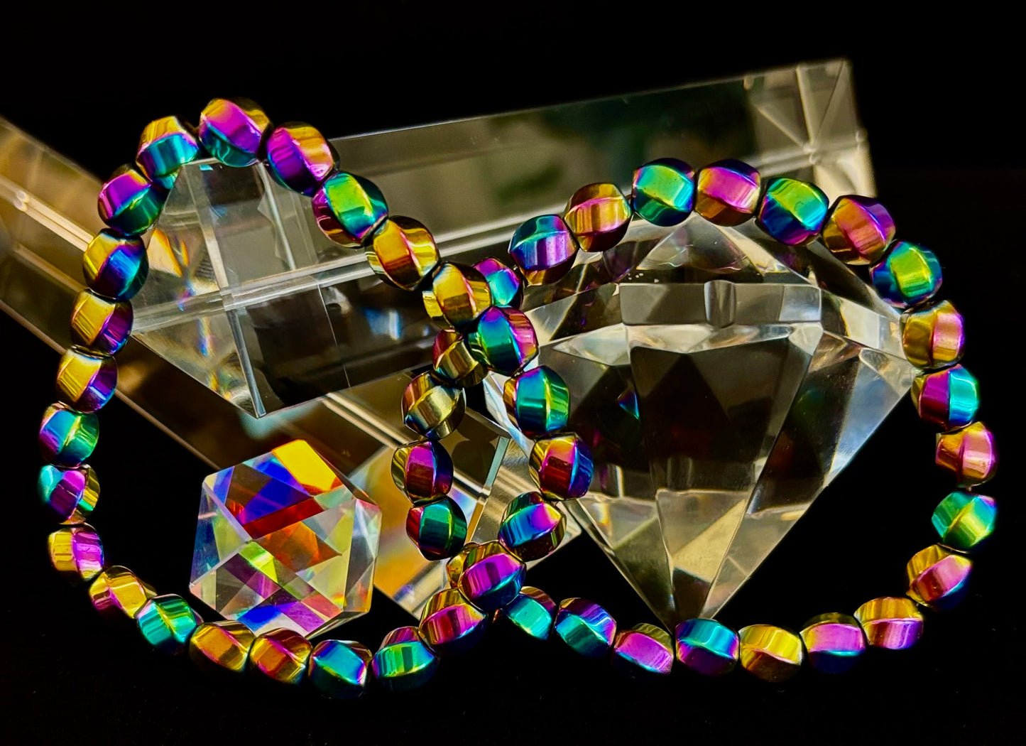 Rainbow Hematite Geometric Beaded Bracelet – Pride & Power for Large Wrists