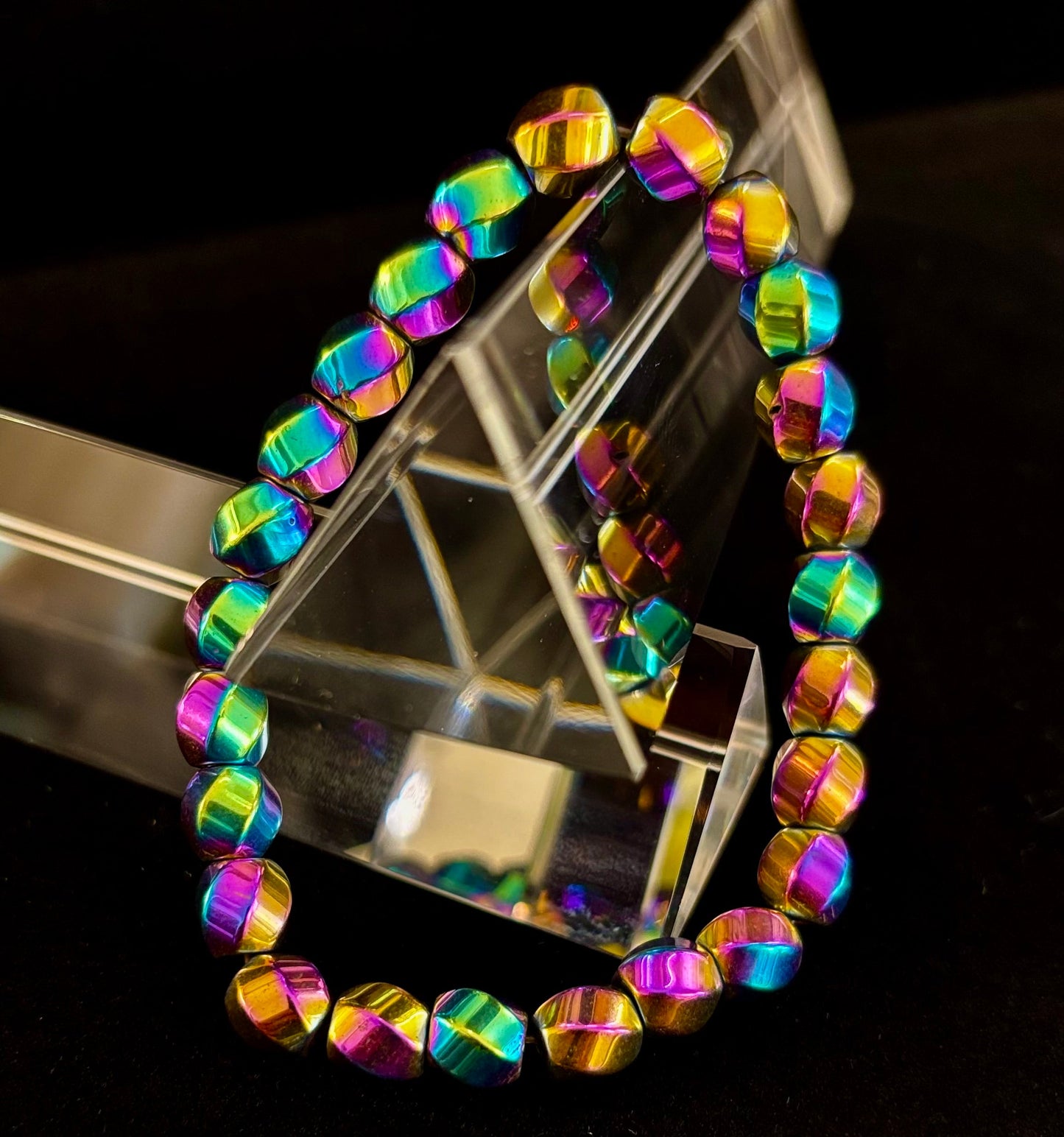 Rainbow Hematite Geometric Beaded Bracelet – Pride & Power for Large Wrists