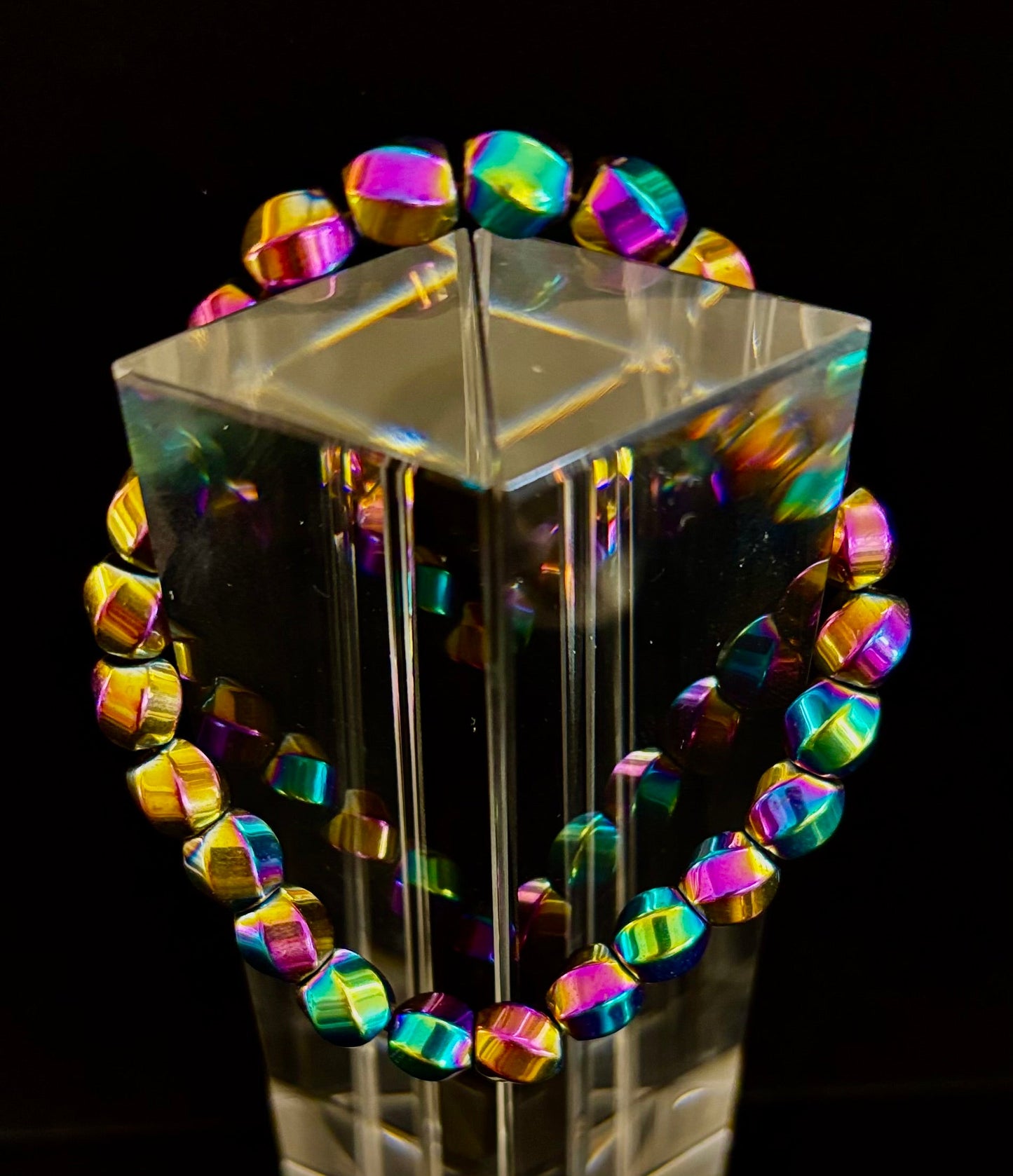 Rainbow Hematite Geometric Beaded Bracelet – Pride & Power for Large Wrists