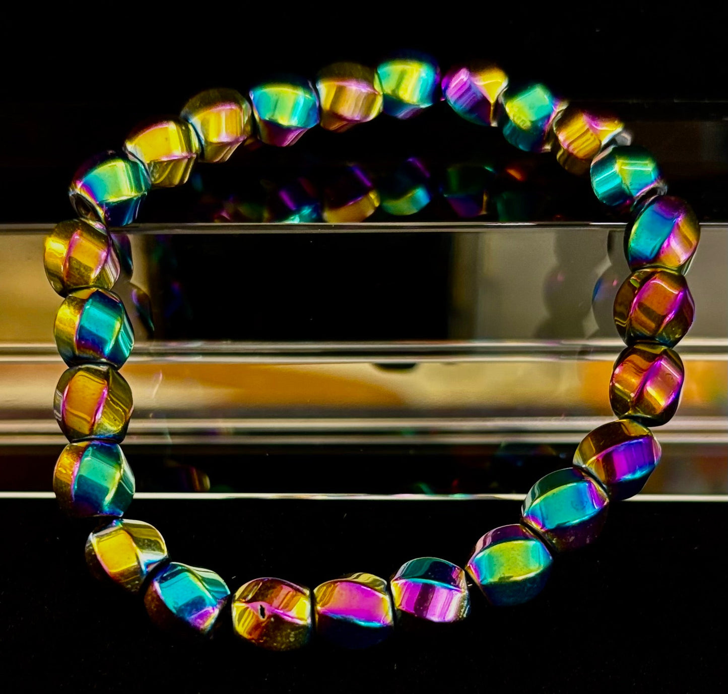 Rainbow Hematite Geometric Beaded Bracelet – Pride & Power for Large Wrists