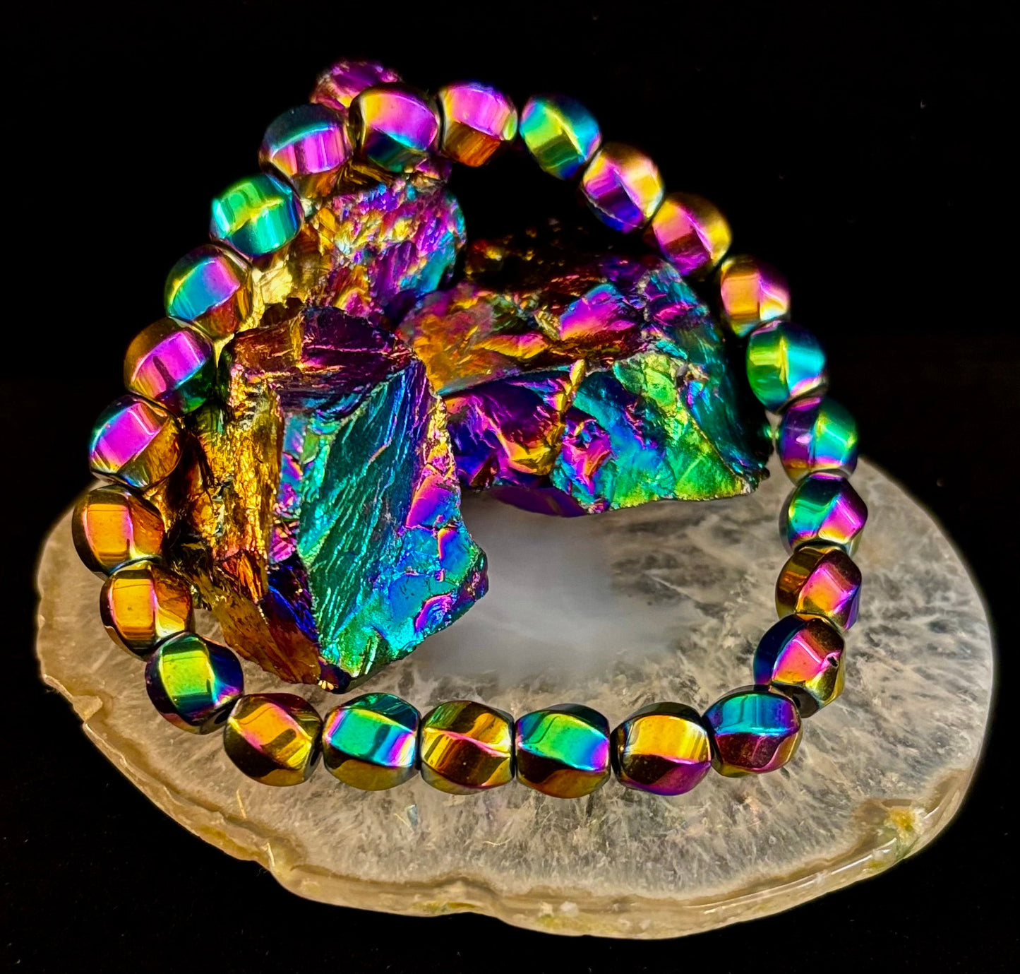 Rainbow Hematite Geometric Beaded Bracelet – Pride & Power for Large Wrists