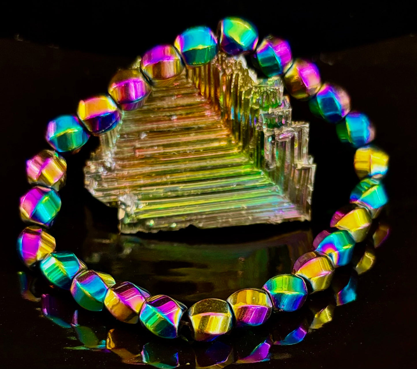 Rainbow Hematite Geometric Beaded Bracelet – Pride & Power for Large Wrists