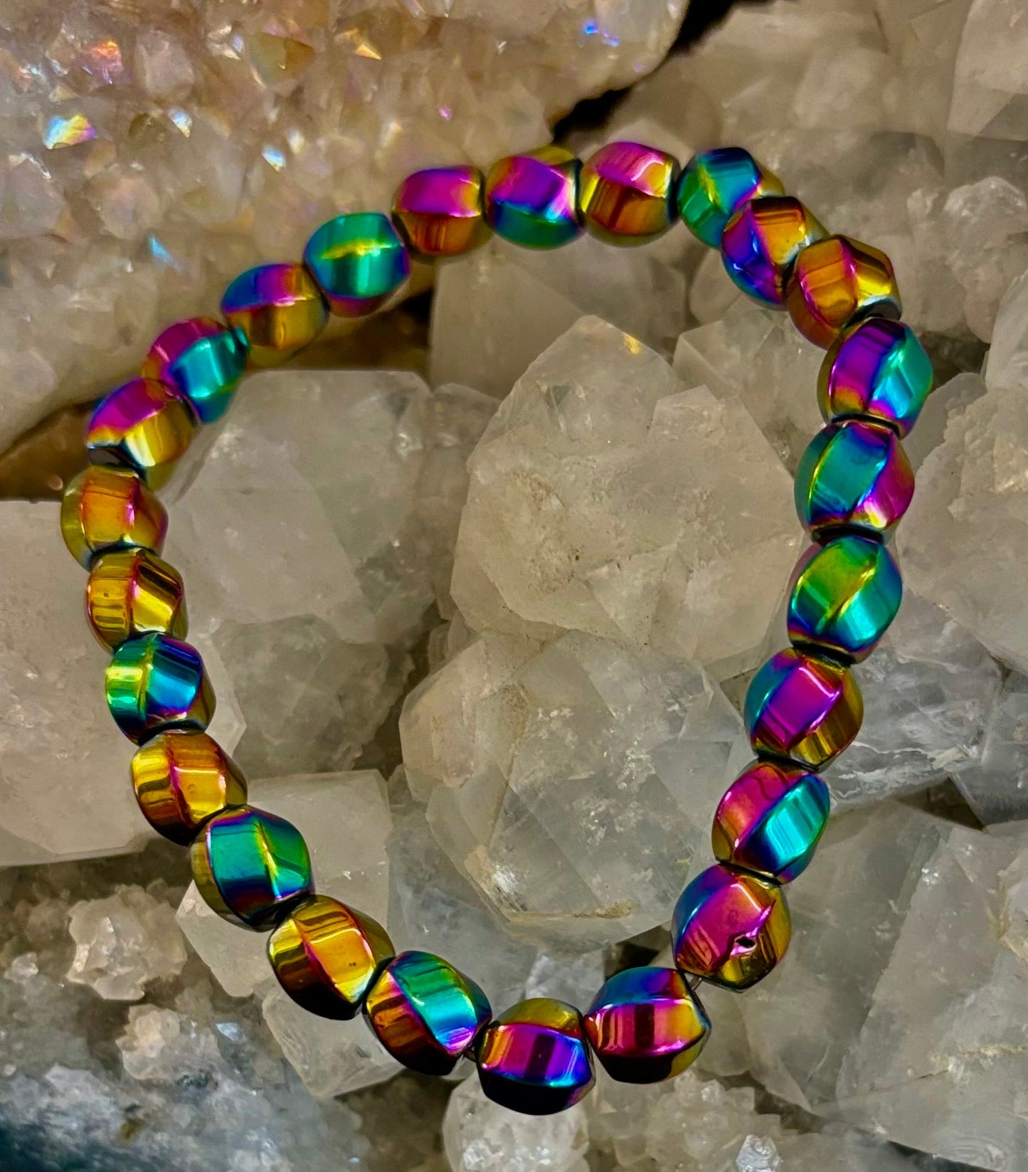 Rainbow Hematite Geometric Beaded Bracelet – Pride & Power for Large Wrists