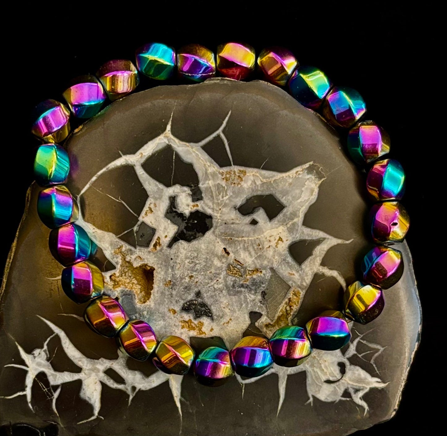 Rainbow Hematite Geometric Beaded Bracelet – Pride & Power for Large Wrists