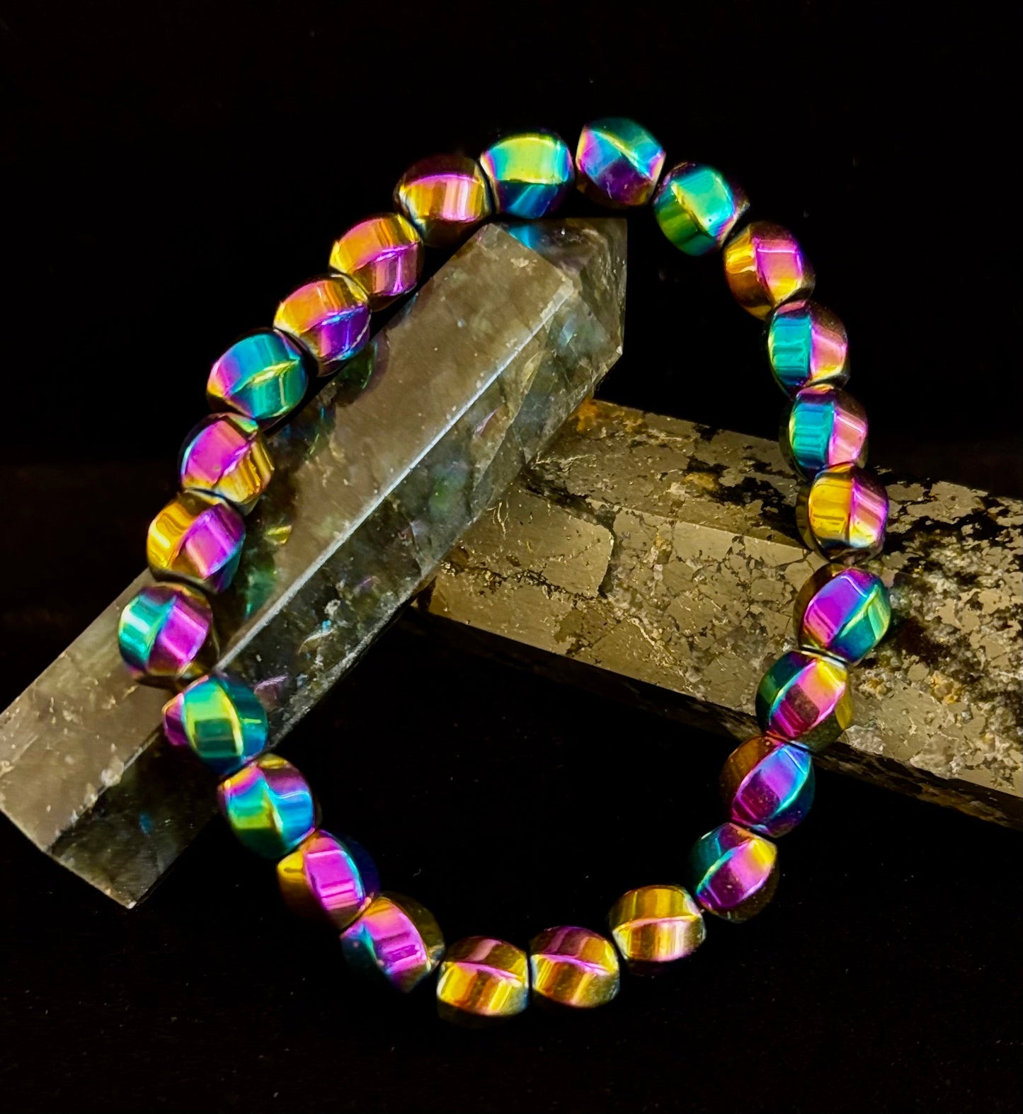Rainbow Hematite Geometric Beaded Bracelet – Pride & Power for Large Wrists
