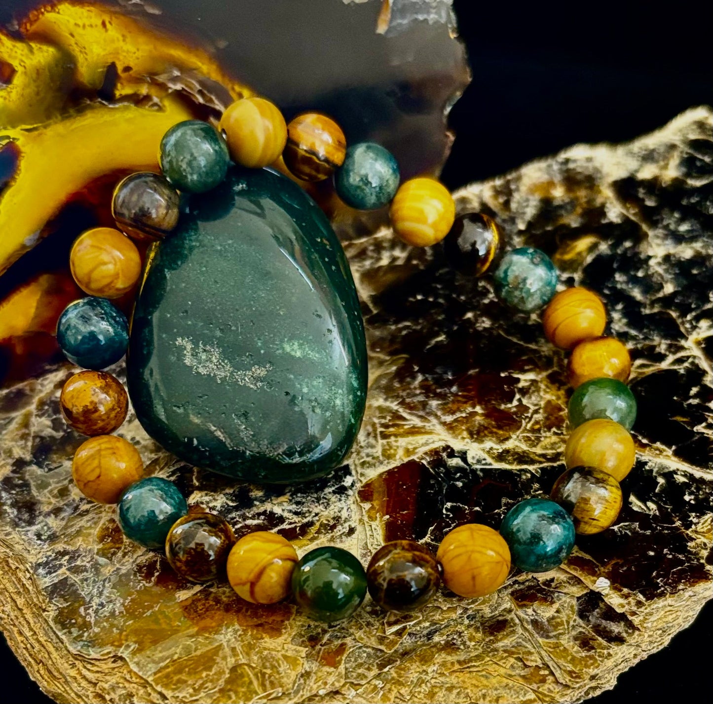 Moss Agate, Yellow Tiger Eye & Wood Jasper Bracelet – 8mm Beads for Large Wrists