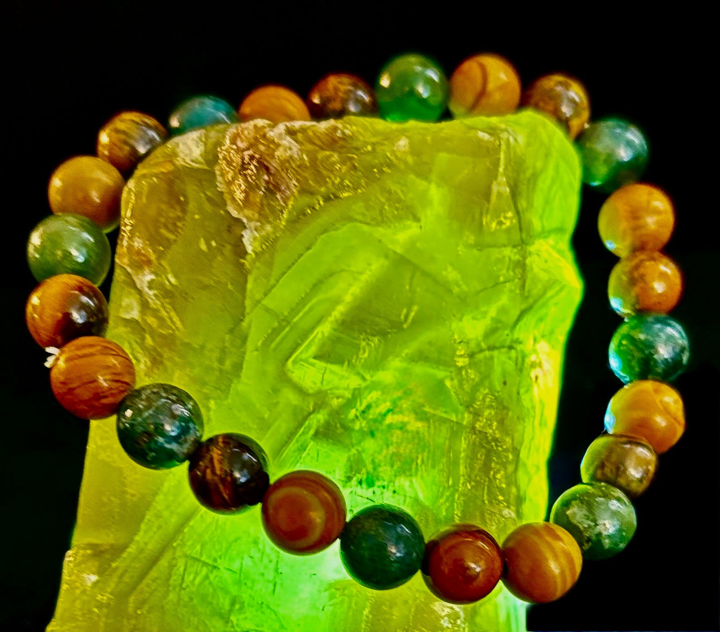 Moss Agate, Yellow Tiger Eye & Wood Jasper Bracelet – 8mm Beads for Large Wrists