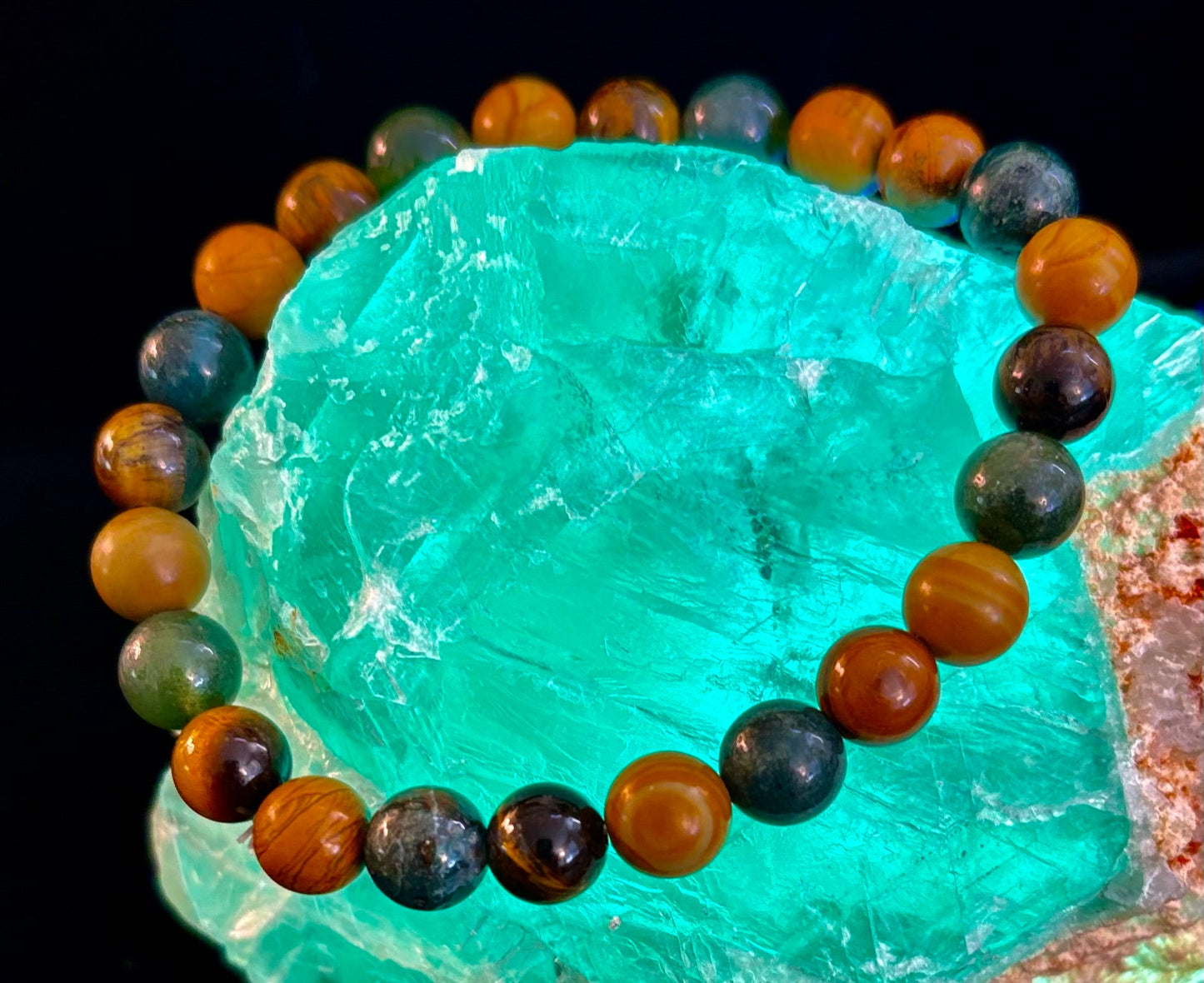 Moss Agate, Yellow Tiger Eye & Wood Jasper Bracelet – 8mm Beads for Large Wrists