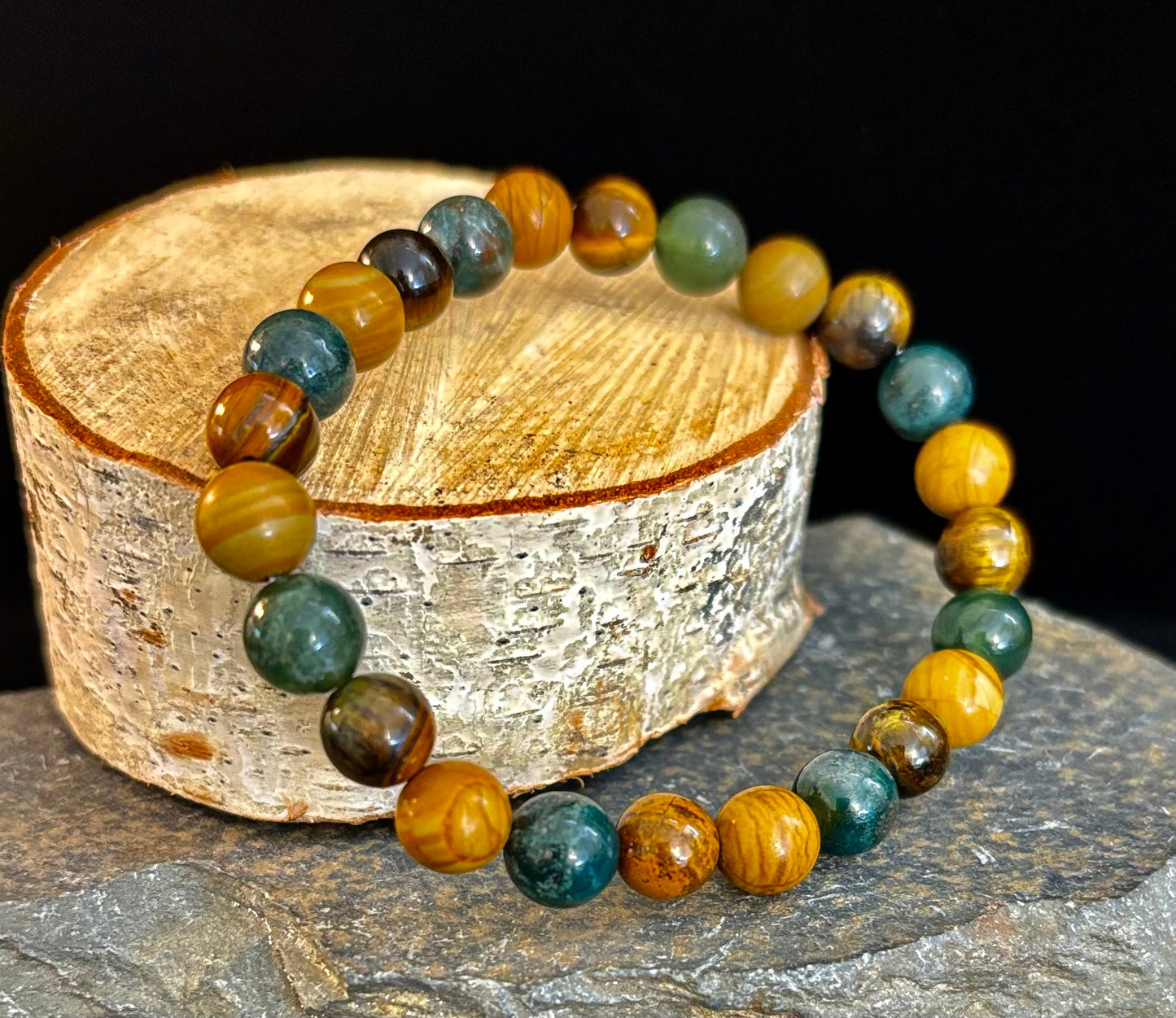 Moss Agate, Yellow Tiger Eye & Wood Jasper Bracelet – 8mm Beads for Large Wrists