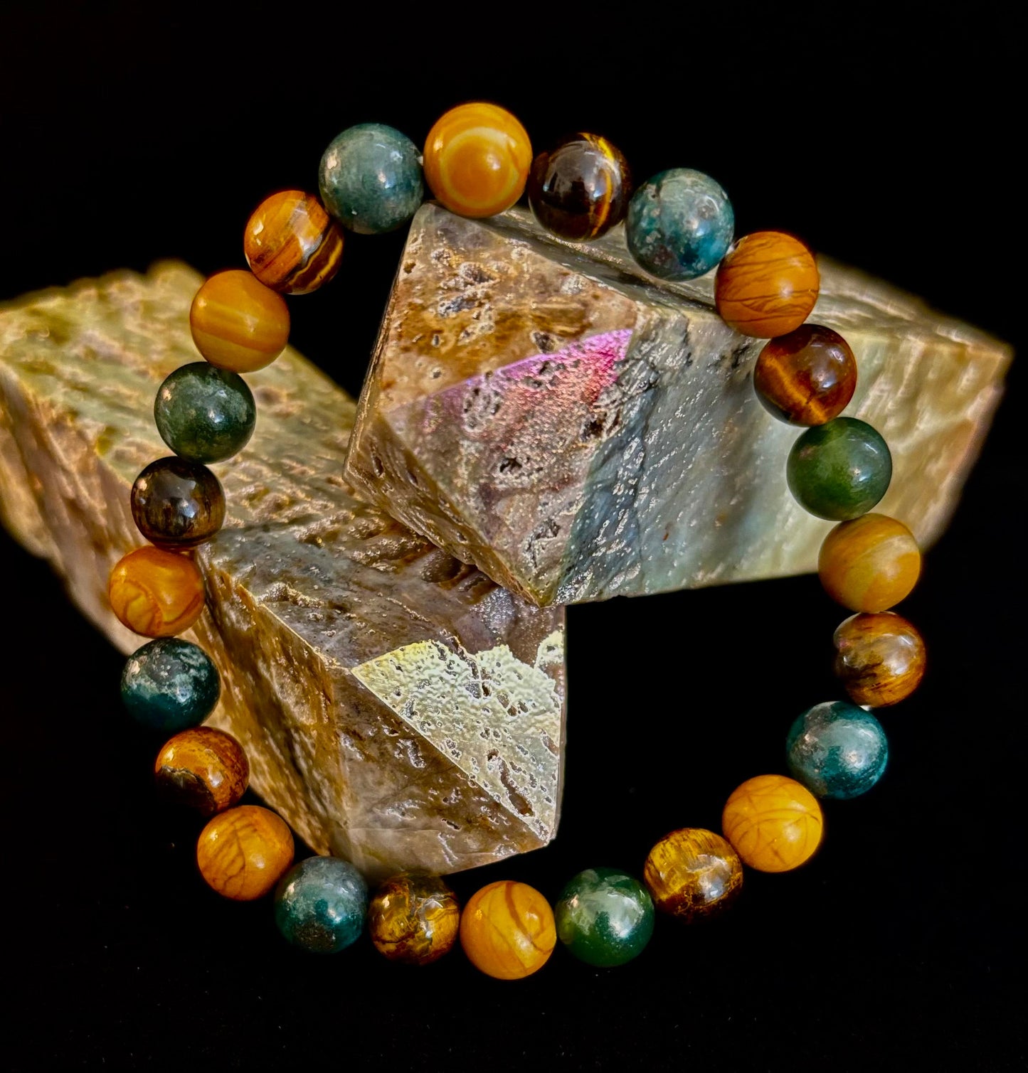 Moss Agate, Yellow Tiger Eye & Wood Jasper Bracelet – 8mm Beads for Large Wrists