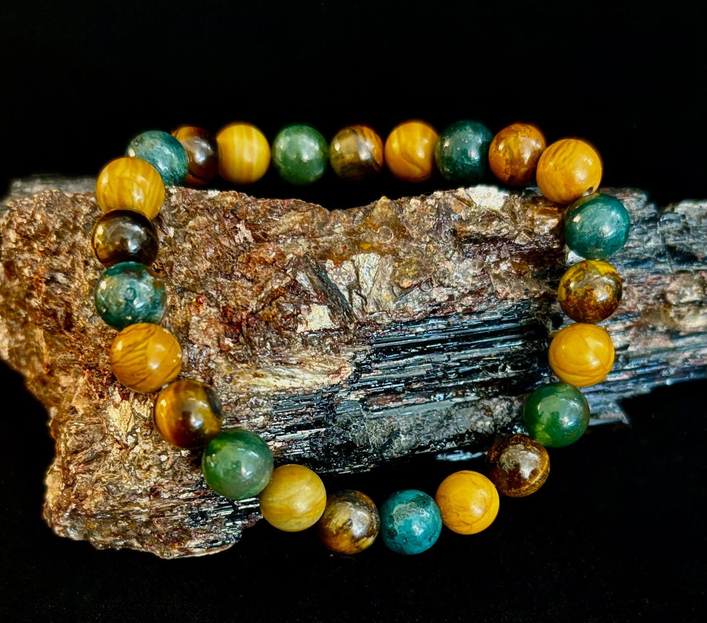 Moss Agate, Yellow Tiger Eye & Wood Jasper Bracelet – 8mm Beads for Large Wrists