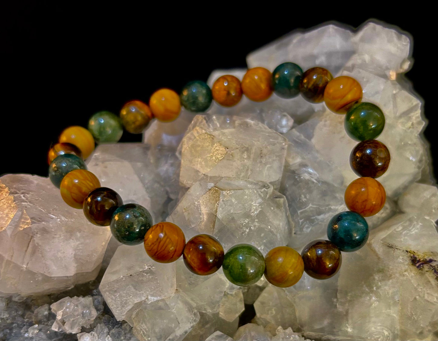 Moss Agate, Yellow Tiger Eye & Wood Jasper Bracelet – 8mm Beads for Large Wrists