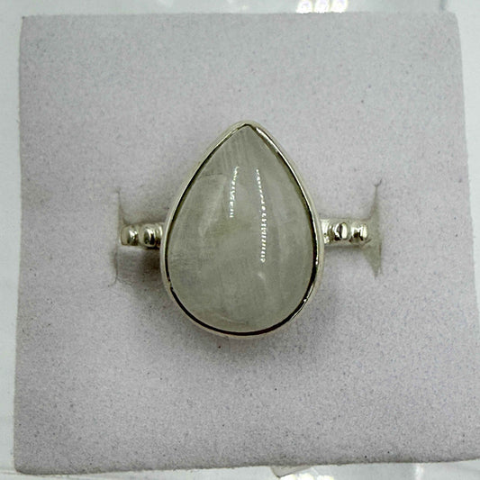 Sterling Silver Rainbow Moonstone Pear Ring – Size 7 – Intuition, Emotional Clarity & New Beginnings