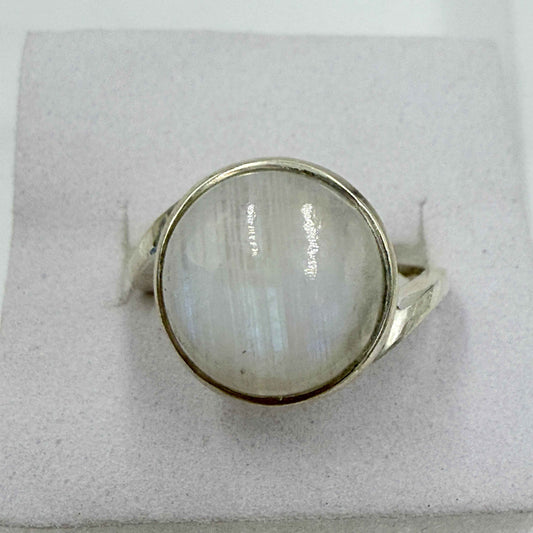 Sterling Silver Rainbow Moonstone Round Bezel Ring – Size 7 – Intuition, Calm & New Beginnings