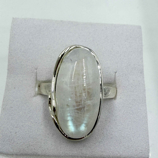 Sterling Silver Rainbow Moonstone Horizontal Oval Ring – Size 8 – Intuition, Emotional Balance & New Beginnings