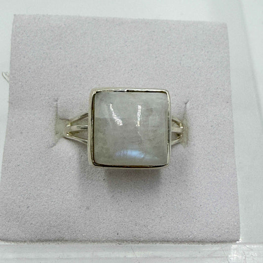 Sterling Silver Rainbow Moonstone Square Ring – Size 8 – Intuition, Inner Clarity & New Beginnings