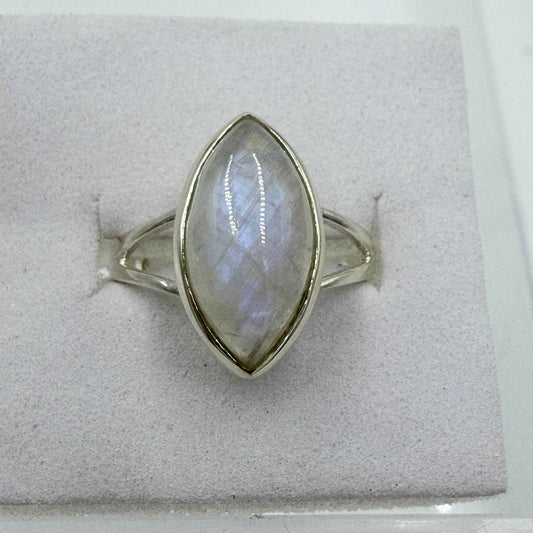 Sterling Silver Rainbow Moonstone Marquise Ring – Size 8 – Intuition, Divine Feminine & New Beginnings