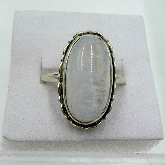 Sterling Silver Rainbow Moonstone Horizontal Oval Beaded Ring – Size 9 – Intuition, Emotional Balance & New Beginnings