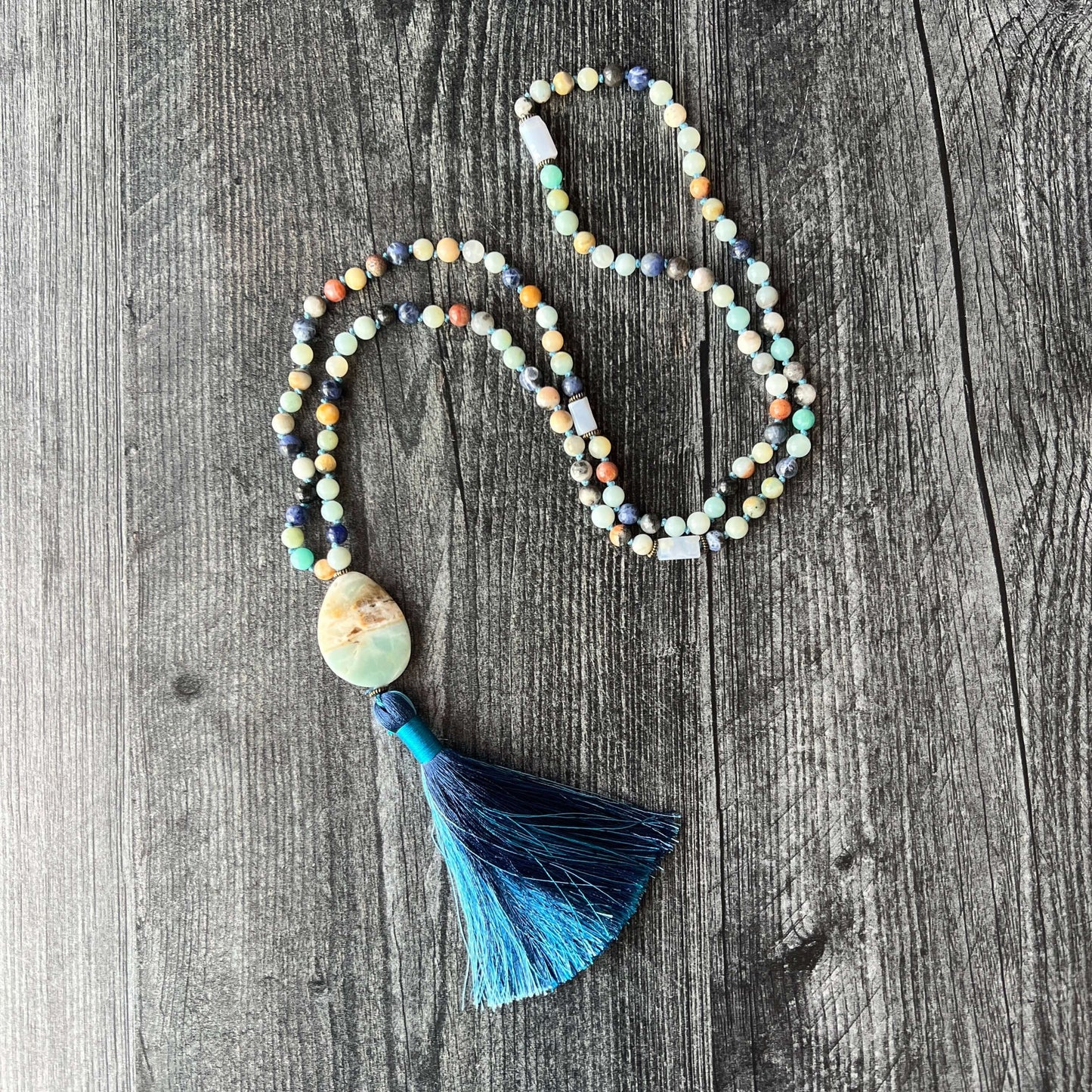 Ocean Tides Meditation Mala – 108 Beads of Amazonite & Blue Lace Agate