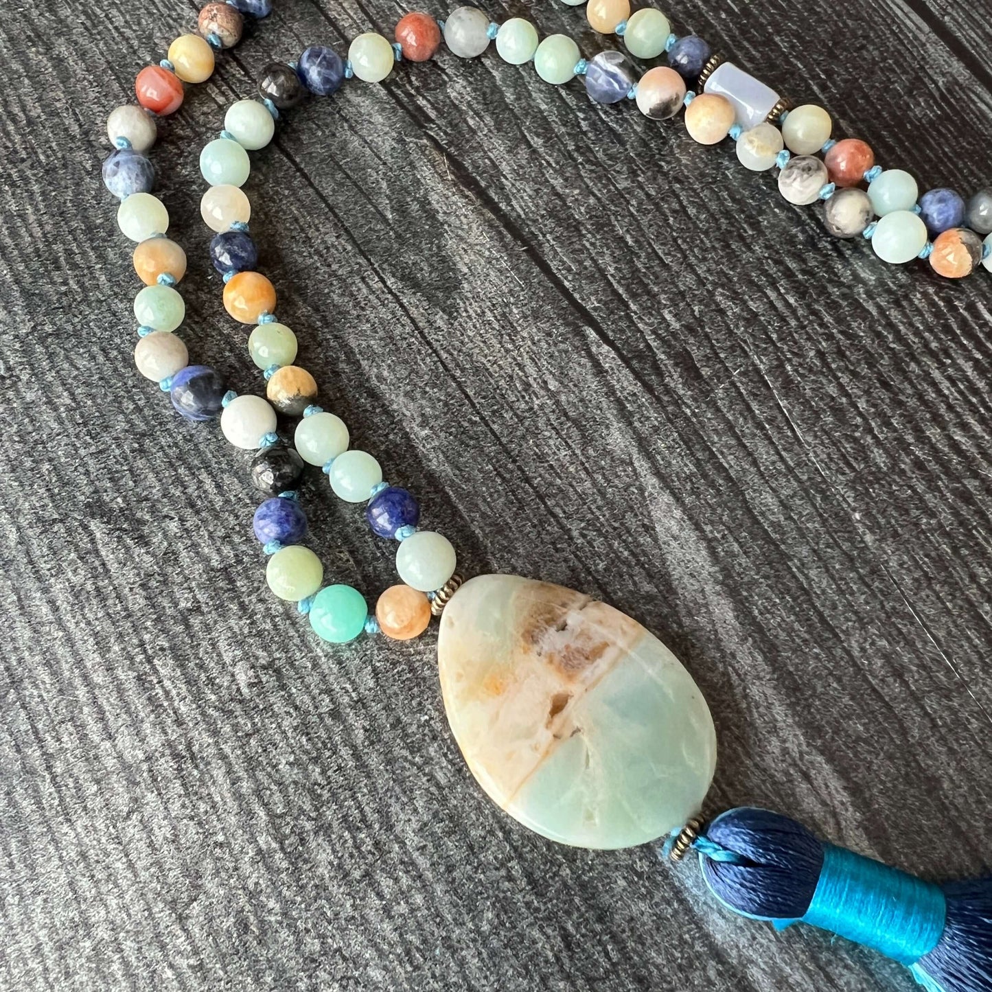Ocean Tides Meditation Mala – 108 Beads of Amazonite & Blue Lace Agate