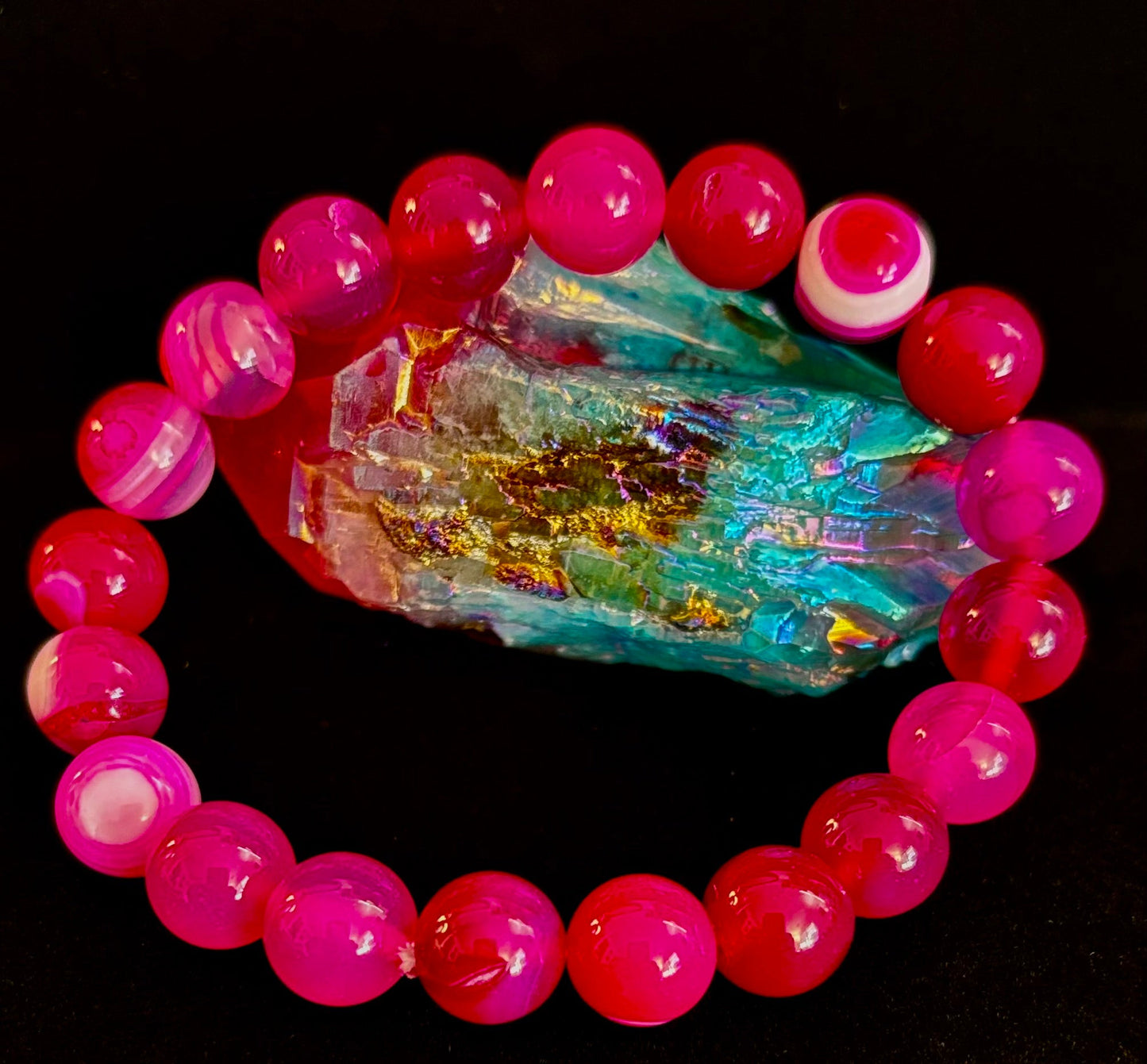 ❤️ Rose Red Striped Agate Beaded Bracelet – 10mm Natural Stone for Large Wrists