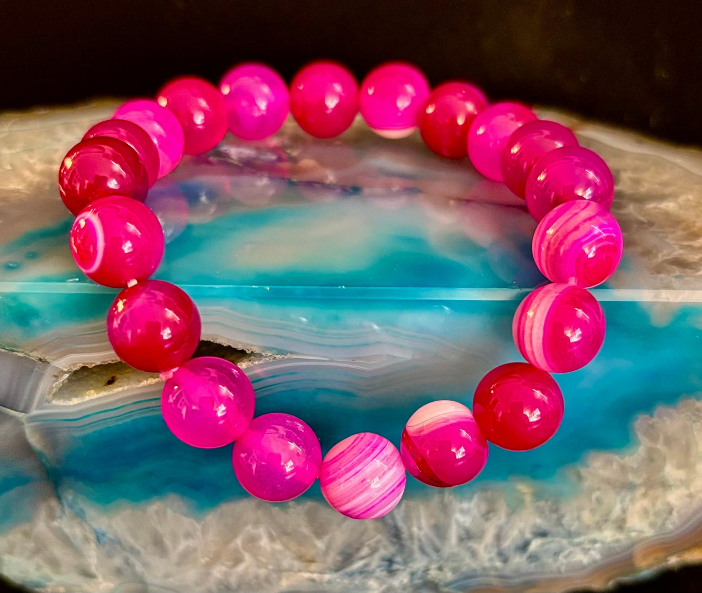 ❤️ Rose Red Striped Agate Beaded Bracelet – 10mm Natural Stone for Large Wrists