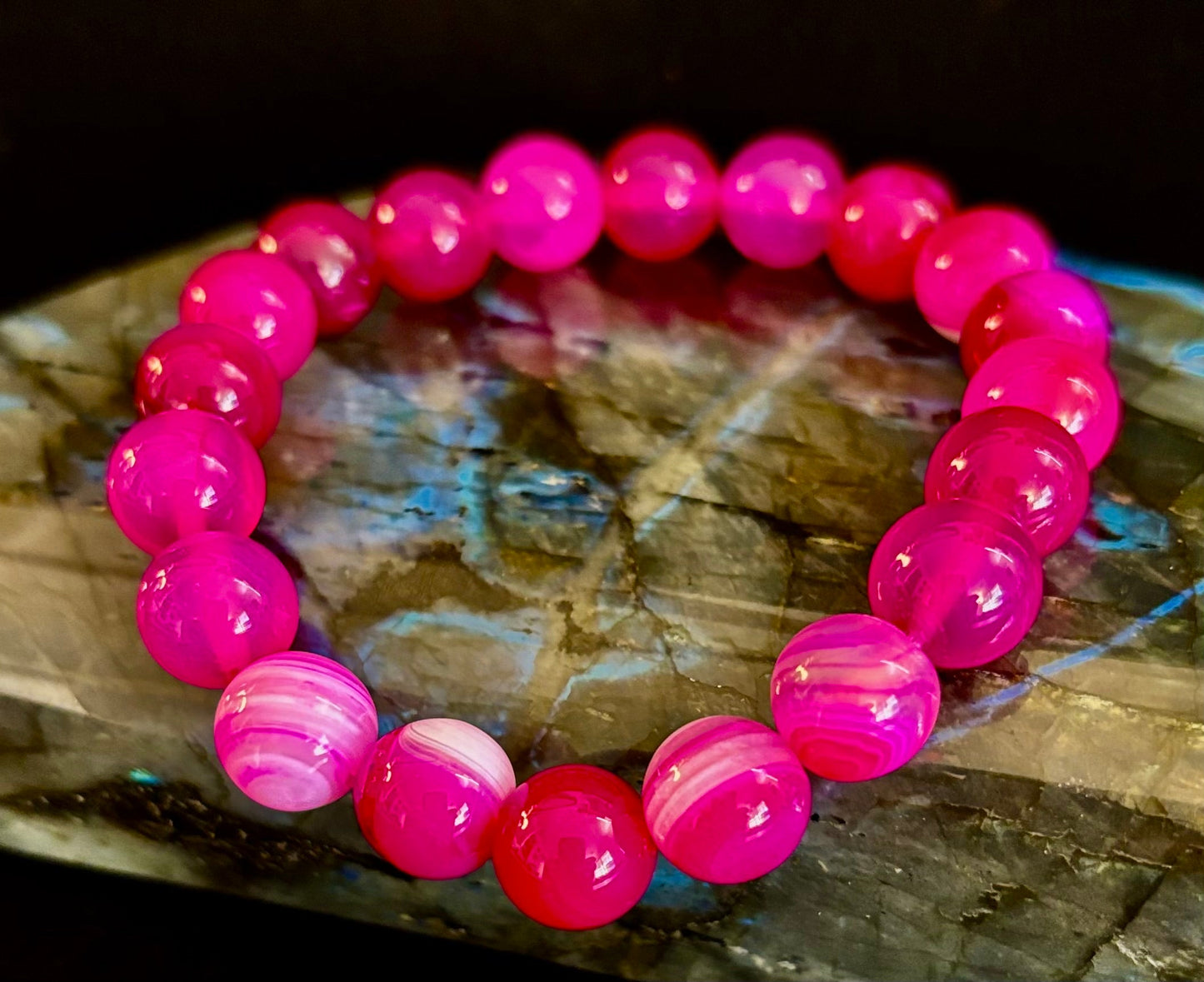 ❤️ Rose Red Striped Agate Beaded Bracelet – 10mm Natural Stone for Large Wrists