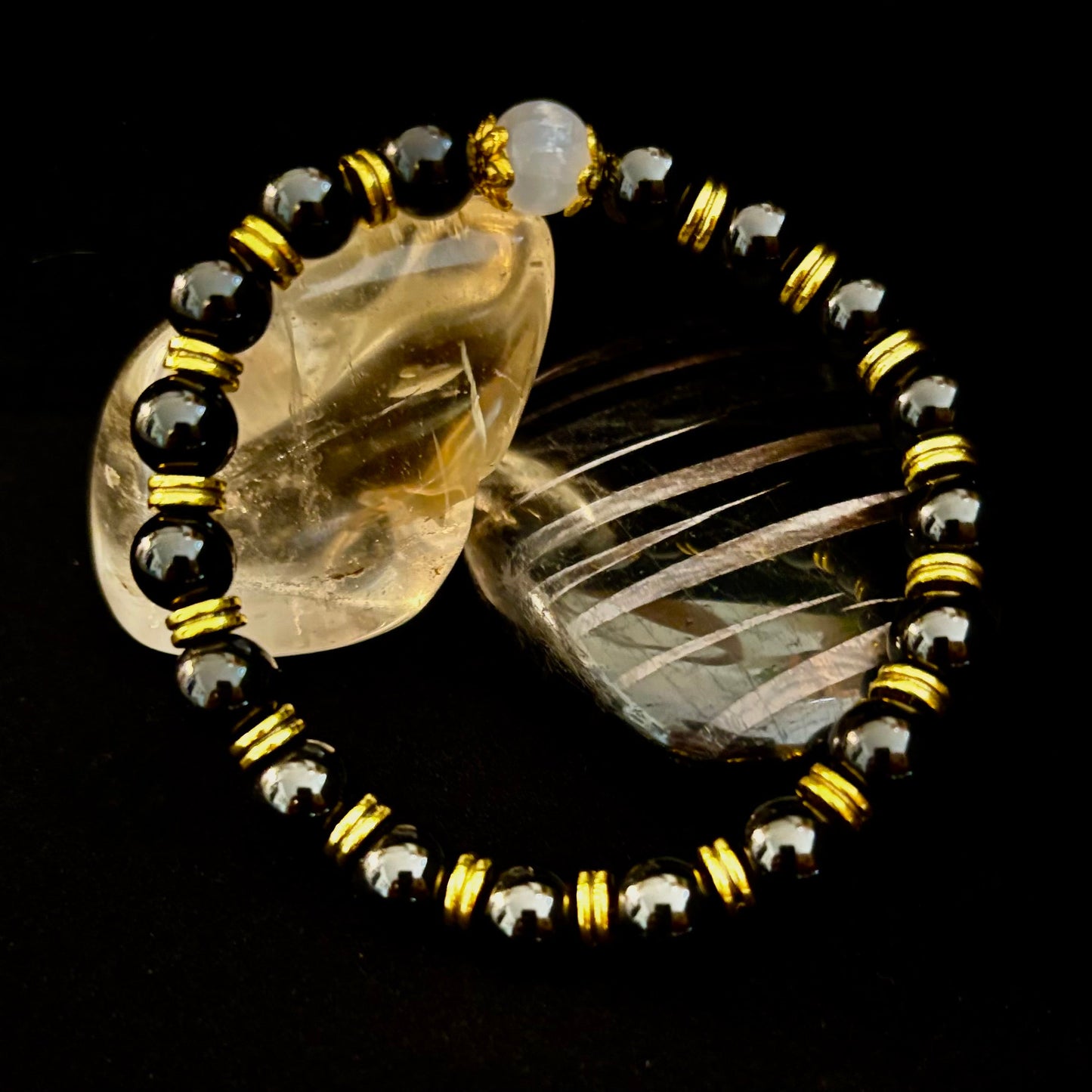 Divine Balance Bracelet – Selenite & Black Obsidian with Gold Accents
