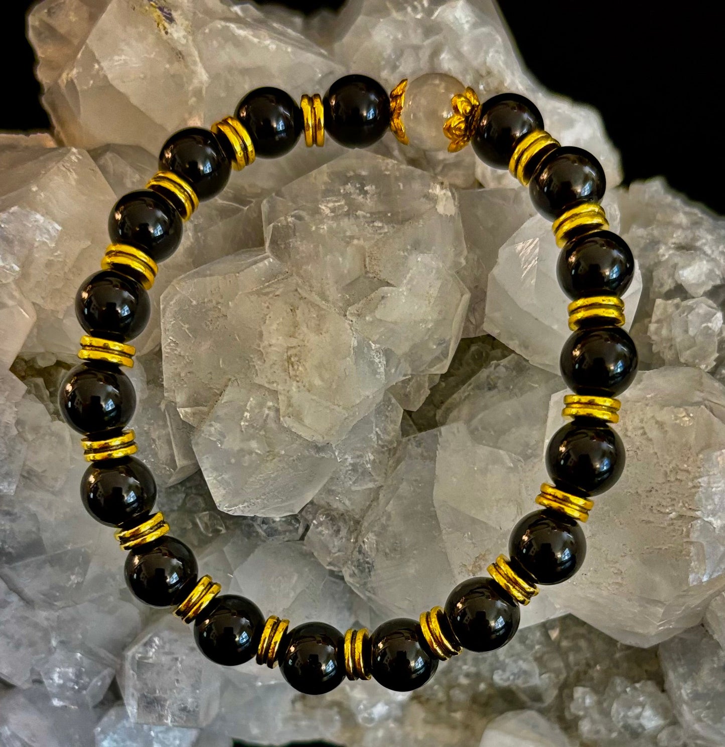 Divine Balance Bracelet – Selenite & Black Obsidian with Gold Accents