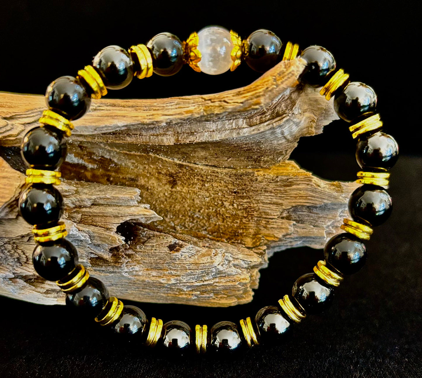 Divine Balance Bracelet – Selenite & Black Obsidian with Gold Accents