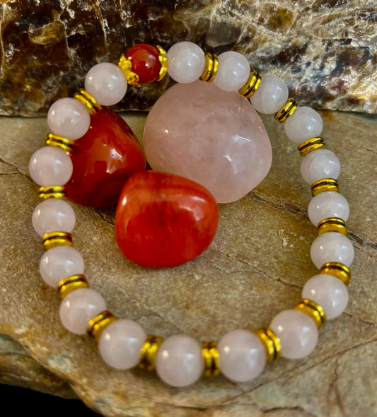 Love Surrounds You Bracelet – Rose Quartz & Banded Carnelian with Gold Accents