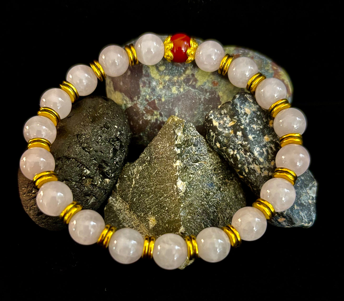 Love Surrounds You Bracelet – Rose Quartz & Banded Carnelian with Gold Accents