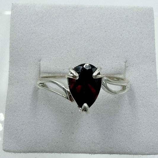 Sterling Silver Pear Garnet Ring – Size 9 – Passion, Strength & Grounding